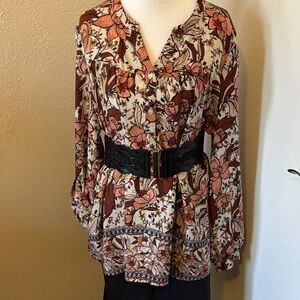 Oversized 70’s style Floral Blouse Tunic Burgundy